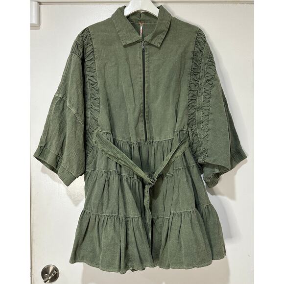 Free People Hampton Belted Mini Dress Crystal Kelp Cotton Size Medium NWOT Chic - Picture 2 of 16